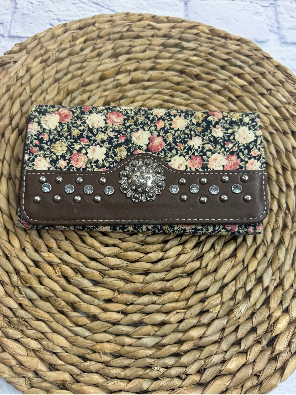 Floral Print Wallet with Brown Faux-Leather Accent and Decorative Concho